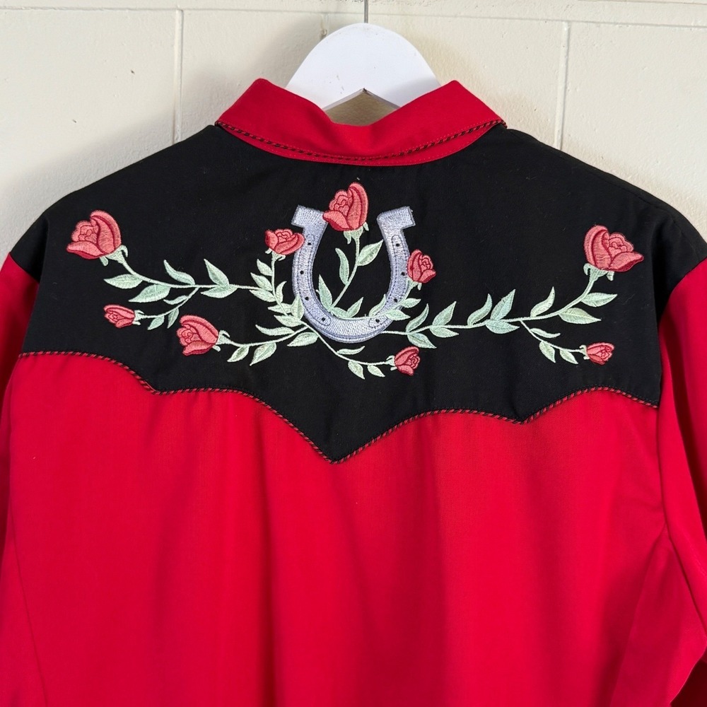 Scully Womens Red Western Snap Embroidered Horseshoe Rose Shirt  Size XL Cowgirl - Picture 3 of 10